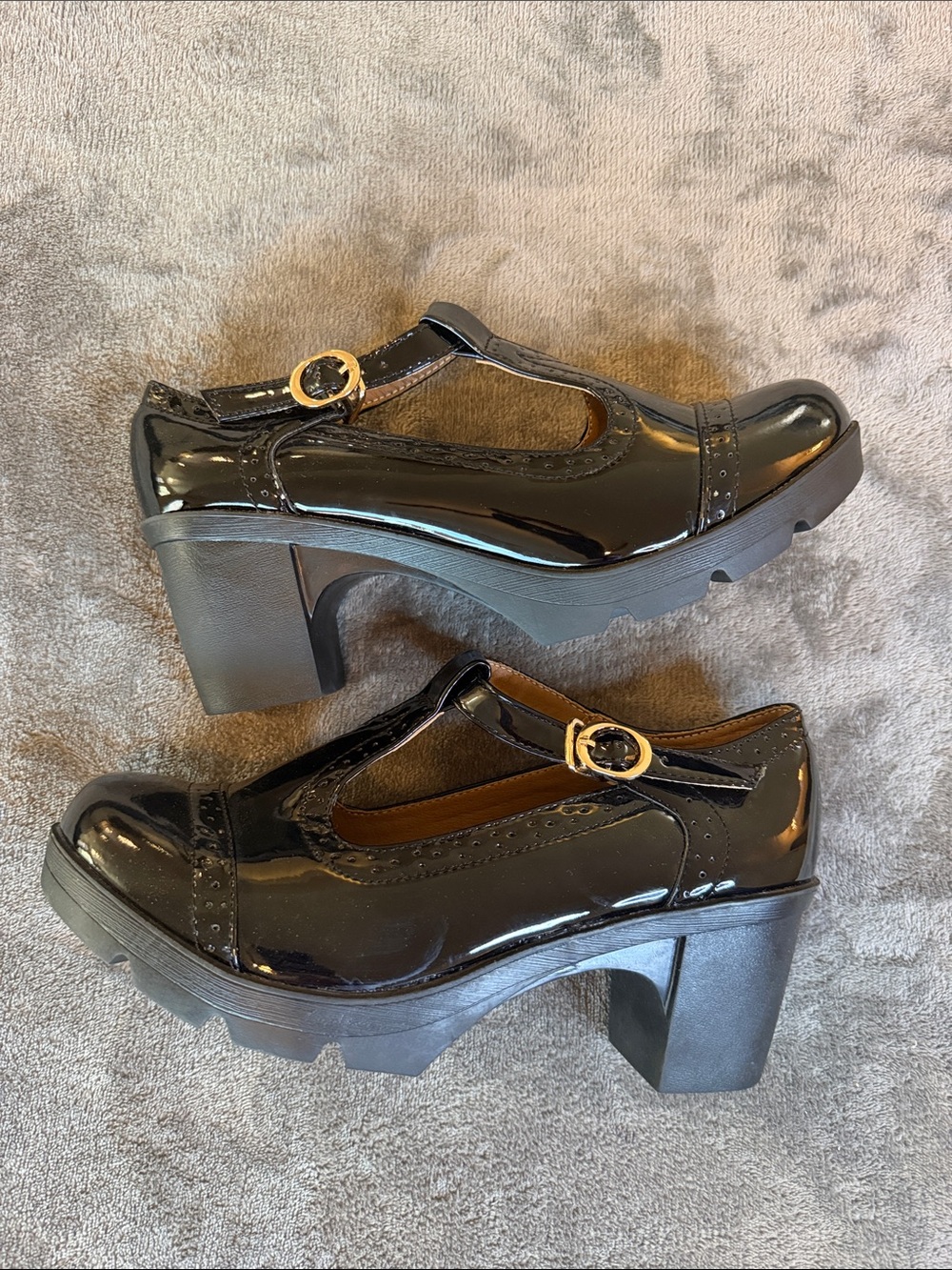 Patent Black Platform Mary Jane Heels with Gold Buckle Accent